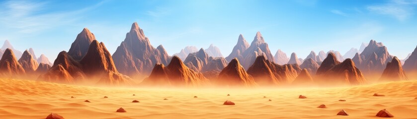 Naklejka premium Vast desert landscape with mountains under a clear blue sky, serene and expansive.