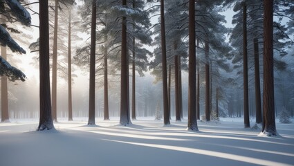Fototapeta premium Frosty winter morning in a snowy forest, trees stand tall and frozen beneath a clear blue sky
