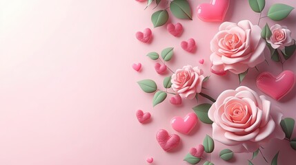 Pink Roses and Hearts on a Pink Background
