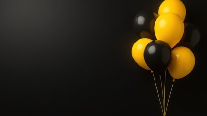 Black and yellow balloons on a dark background. Minimalistic composition with copy space. Design for poster, banner, greeting card, invitation