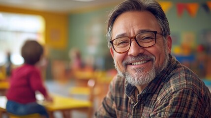 Fototapeta premium Capturing Smiles: Candid Photography of a Middle-Aged Man in a Daycare Setting