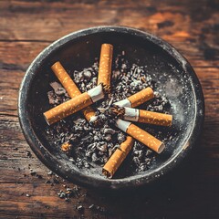 Cigarette dregs and ashes in a black ashtray on a wooden surface