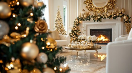 A gold and white room with a fireplace and a Christmas tree