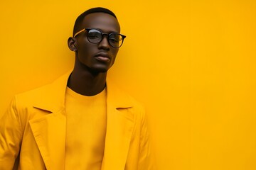 Fototapeta premium Stylish African male model in yellow outfit with glasses