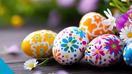 Fototapeta premium A colorful Easter egg with a flower design sits on a wooden table
