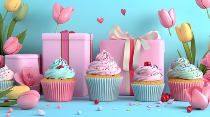 Pink and Blue Cupcakes with Gifts and Tulips on a Blue Background