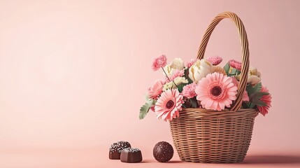 Wicker Basket Filled with Pink Flowers and Chocolate Treats on a Pink Background