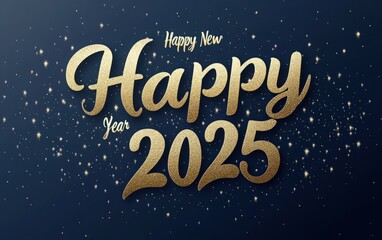 A stylish Happy New Year 2025 horizontal banner featuring a logo text design with elegant handwritten gold numbers "Happy New Year 2025"