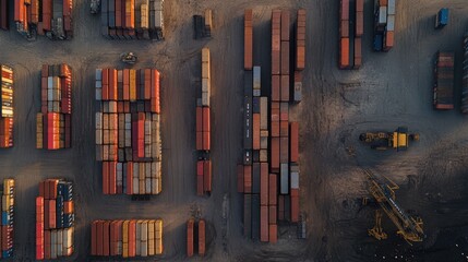 Obraz premium Aerial view of container yard with shipping containers of different sizes, logistics 