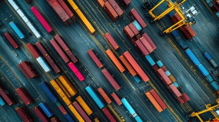 Aerial view of container yard with shipping containers of different sizes, logistics 