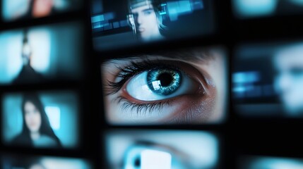 A close-up of a blue eye, peering out from a screen of smaller images.