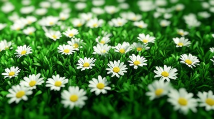 Vibrant field of daisies blooming in lush green grass.