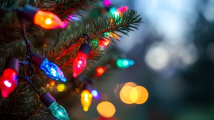 Colorful Christmas Lights on a Pine Branch