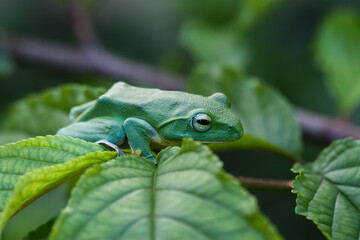 A vibrant green Taipei tree frog perched on a leaf in a lush, green environment. The frog's large, round eyes and smooth skin are clearly visible. New Taipei City, Taiwan.