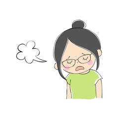 ため息をする若い女性　表情バリエーション_肌色　ペン画風