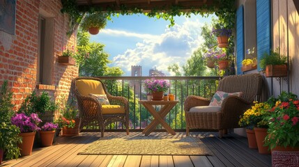 A beautiful balcony scene showcasing comfortable chairs, a charming wooden table, and a variety of colorful potted plants, perfect for outdoor relaxation.