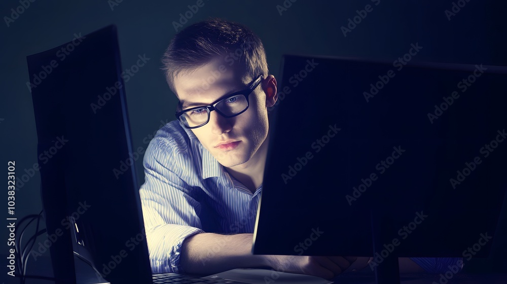 Wall mural A young man wearing glasses sits at a desk with two computer monitors in front of him, looking focused.