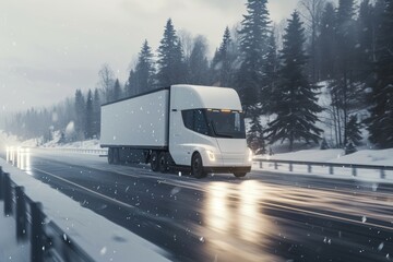 Autopilot smart self drive truck ride delivering goods scanning road covered in snow with artificial sensor information of road conditions and traffic. Transportation of goods over long distances