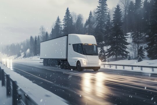 Autopilot smart self drive truck ride delivering goods scanning road covered in snow with artificial sensor information of road conditions and traffic. Transportation of goods over long distances