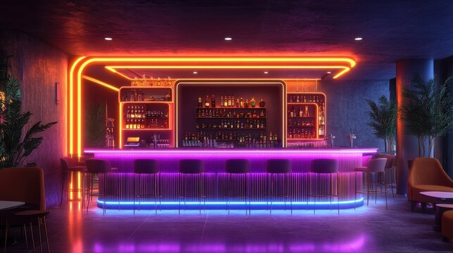 Modern bar interior with neon lights and stylish stools in a vibrant nightlife atmosphere