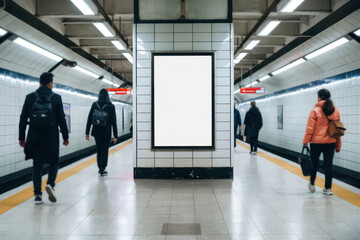 Fototapeta premium A quiet moment in the subway urban life captured in a traditional transit setting with an empty ad space awaiting creativity