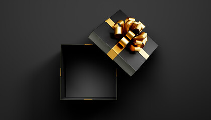 Black open gift box with golden ribbon, isolated on black background - 3D illustration