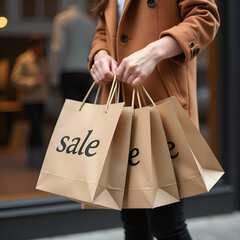 In the hands of a woman are paper shopping bags with the letters sale