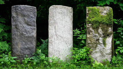 Natural stone pillars stand amidst lush greenery, showcasing unique textures and colors. contrast between rough surfaces and vibrant foliage creates serene and tranquil atmosphere