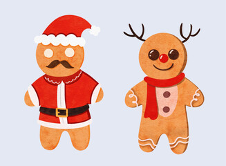 Watercolor Santa and Rudolph Gingerman Bread Cookie Illustration for Christmas Decoration