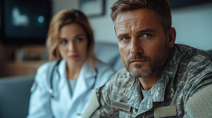 Psychiatrist having therapy session with military soldier after completing a combat mission