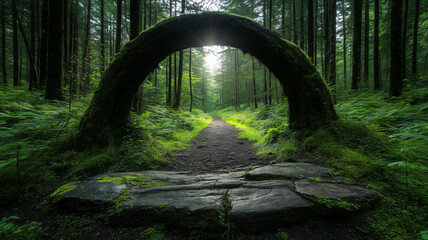 serene forest scene featuring moss covered archway formed by tree, leading to tranquil path surrounded by lush greenery. sunlight filters through trees, creating magical atmosphere