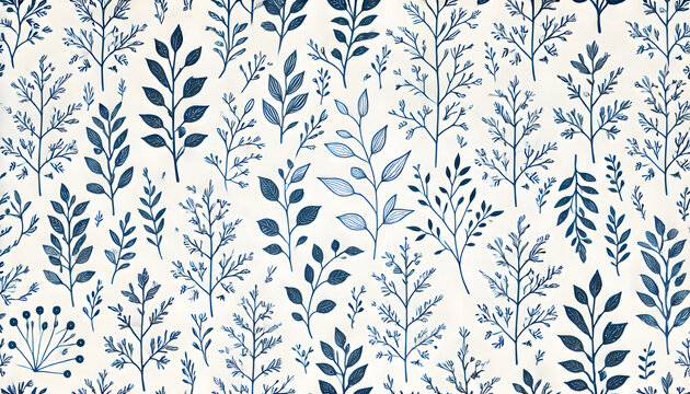 繊細なブルーの枝と葉のボタニカルシームレスパターン

