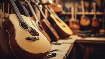 A peaceful guitar workshop with guitars and musical equipment, Guitar tools and strings neatly arranged, Musical passion style