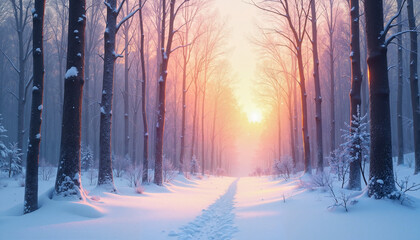 Enchanting winter forest path with snow-covered trees and warm sunlight filtering through