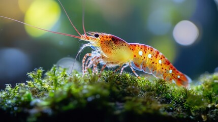 Red cross shrimp on moss, freshwater aquarium
