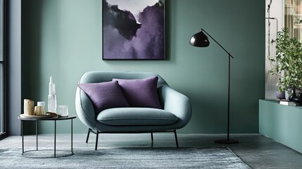 A contemporary living room featuring grey-green-blue walls and a striking lavender armchair, perfect for a stylish and comfortable lounge area.