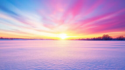 Obraz premium breathtaking winter landscape at sunset, showcasing vibrant sky filled with pink, purple, and orange hues. snow covered ground reflects stunning colors, creating serene and peaceful atmosphere