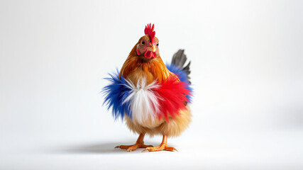 Gallic rooster with colors of France, isolated white background. Animal symbol of country, national pride, celebration concept.
