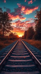 Fototapeta premium Serene railway track stretching into the distance framed by vibrant hues of orange and pink from the setting sun the sky reflecting on the metal rails creating a dreamy landscape