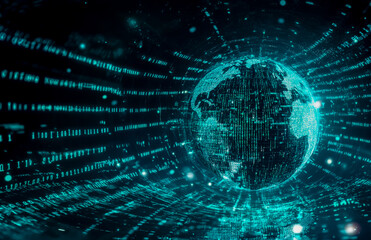 A digital globe surrounded by glowing data streams, representing global network and connectivity on a teal background