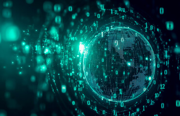 Obraz premium A digital globe surrounded by glowing data streams, representing global network and connectivity on a teal background