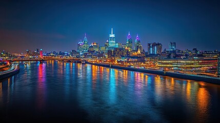 Naklejka premium Majestic Night Skyline of a City with Reflections