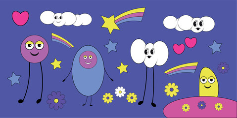 Set of cute retro psychedelic creators. Pack y2k elements, rainbow, heart, flower, star, cloud.  Vector illustration