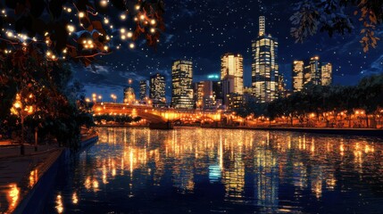 Fototapeta premium Majestic Night Skyline Over a City by the Water