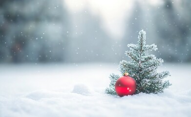 Beautiful Snowy Christmas Scene with Ornament and Pine Tree.