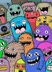 Hand-drawn illustrations, monsters doodle, Hand Drawn cartoon monster illustration,Cartoon crowd doodle hand-drawn Doodle style.