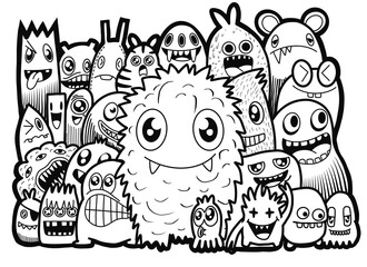 Hand-drawn illustrations, monsters doodle, Hand Drawn cartoon monster illustration,Cartoon crowd doodle hand-drawn Doodle style.black and white stripes coloring  book.
