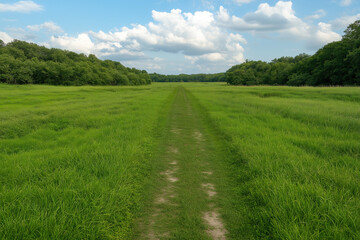 Obraz premium landscape with path in austria, straight grassy trail through green meadows surrounded by lush forest, blue sky with fluffy clouds, photorealistic