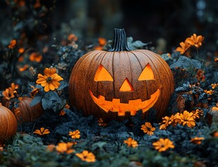 Fototapeta premium a pumpkin with a face carved out of it