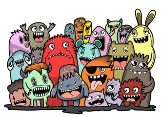 Hand-drawn illustrations, monsters doodle, Hand Drawn cartoon monster illustration,Cartoon crowd doodle hand-drawn Doodle style.